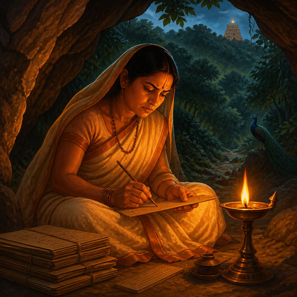 Vengamamba writing by an unflickering lamp in her cave
