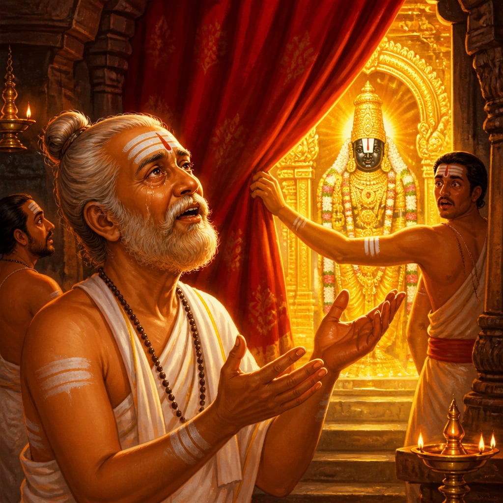 The curtain parting for Tyagaraja at the sanctum