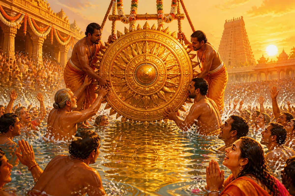 The Sudarshana discus bathed in the temple tank