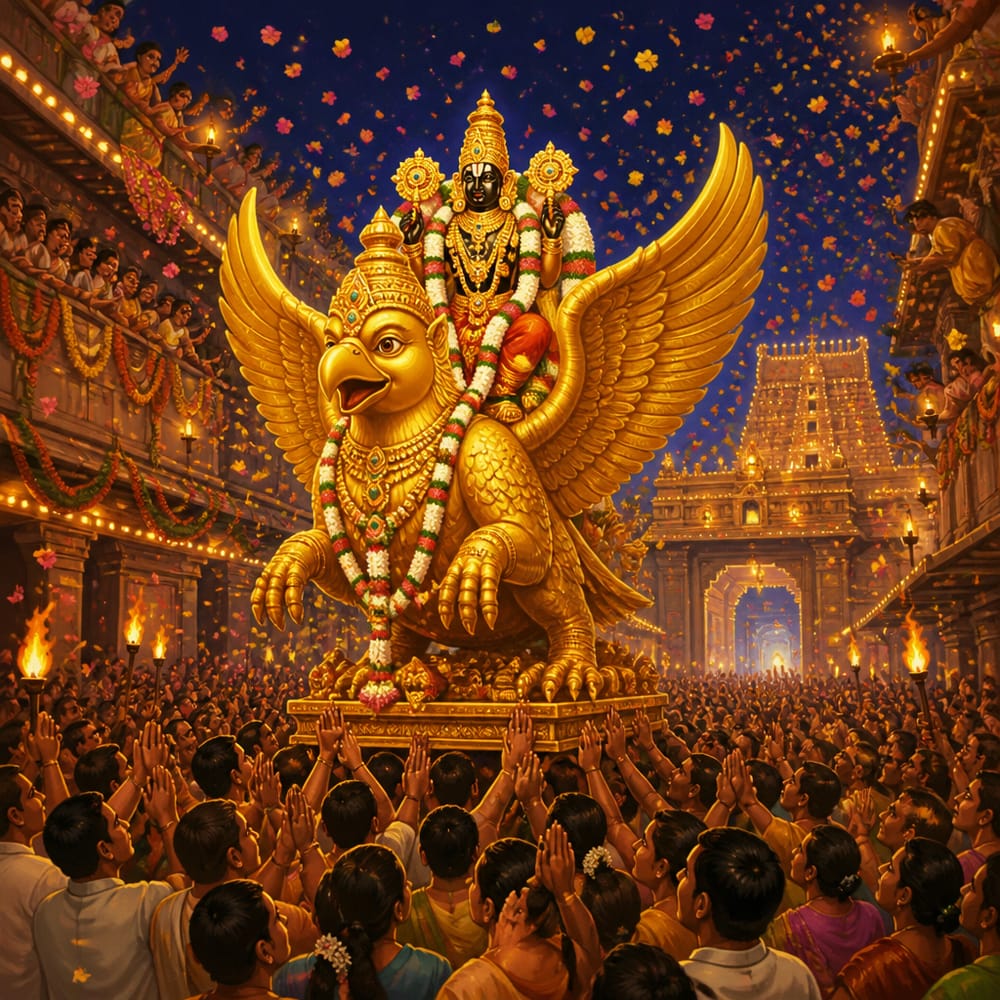 The deity riding Garuda over the festival crowd