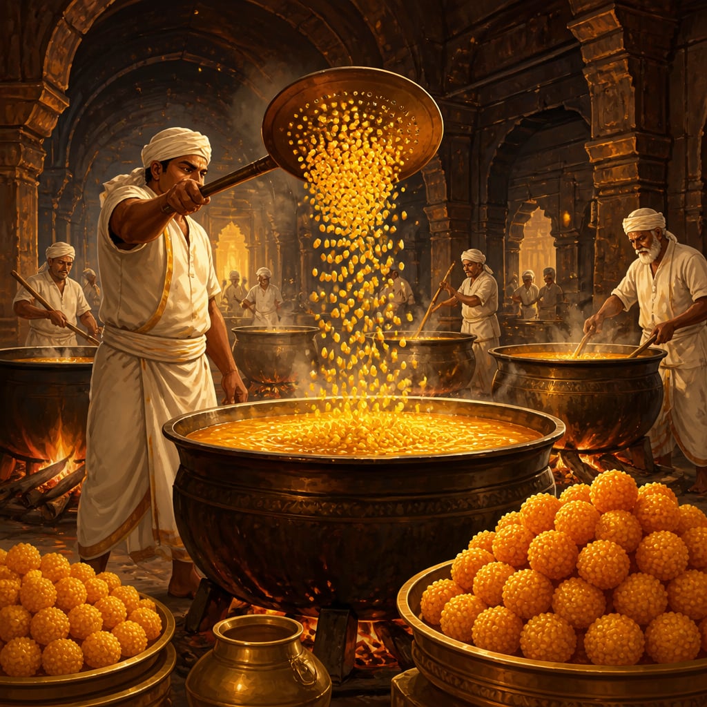 Boondi streaming into ghee in the potu at dawn