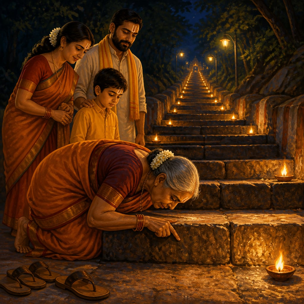 A family touching the first step at Alipiri