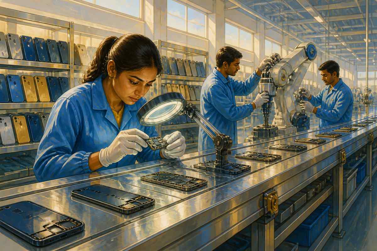 Indian engineer inspecting handset on a Tamil Nadu assembly line