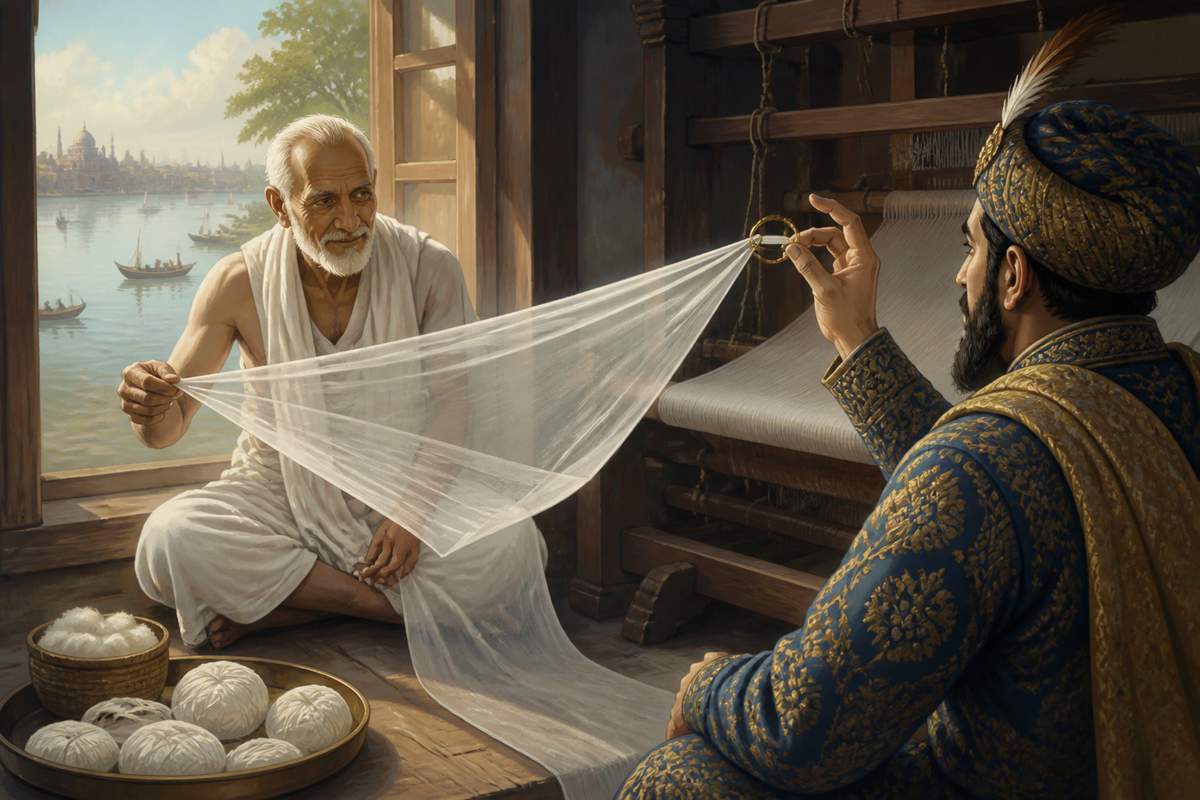 Dhaka weaver drawing his muslin saree through a finger ring