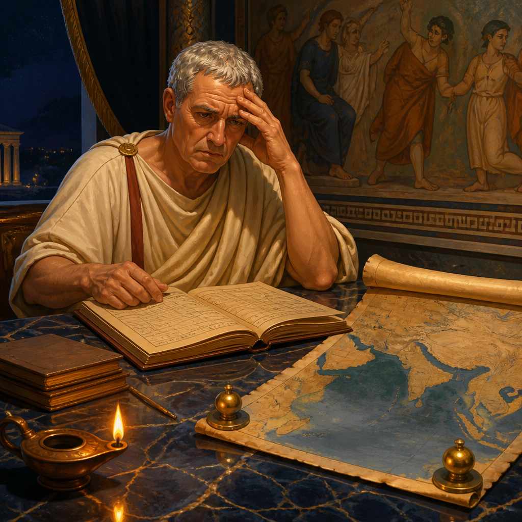 Pliny the Elder scanning a gold-drain ledger in his Roman study