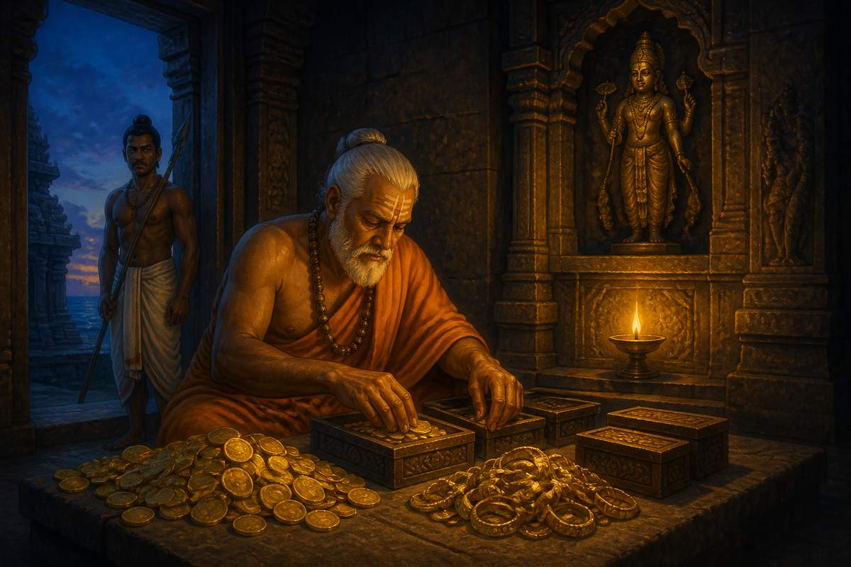 Pallava temple priest sorting Roman gold coins into sandalwood caskets