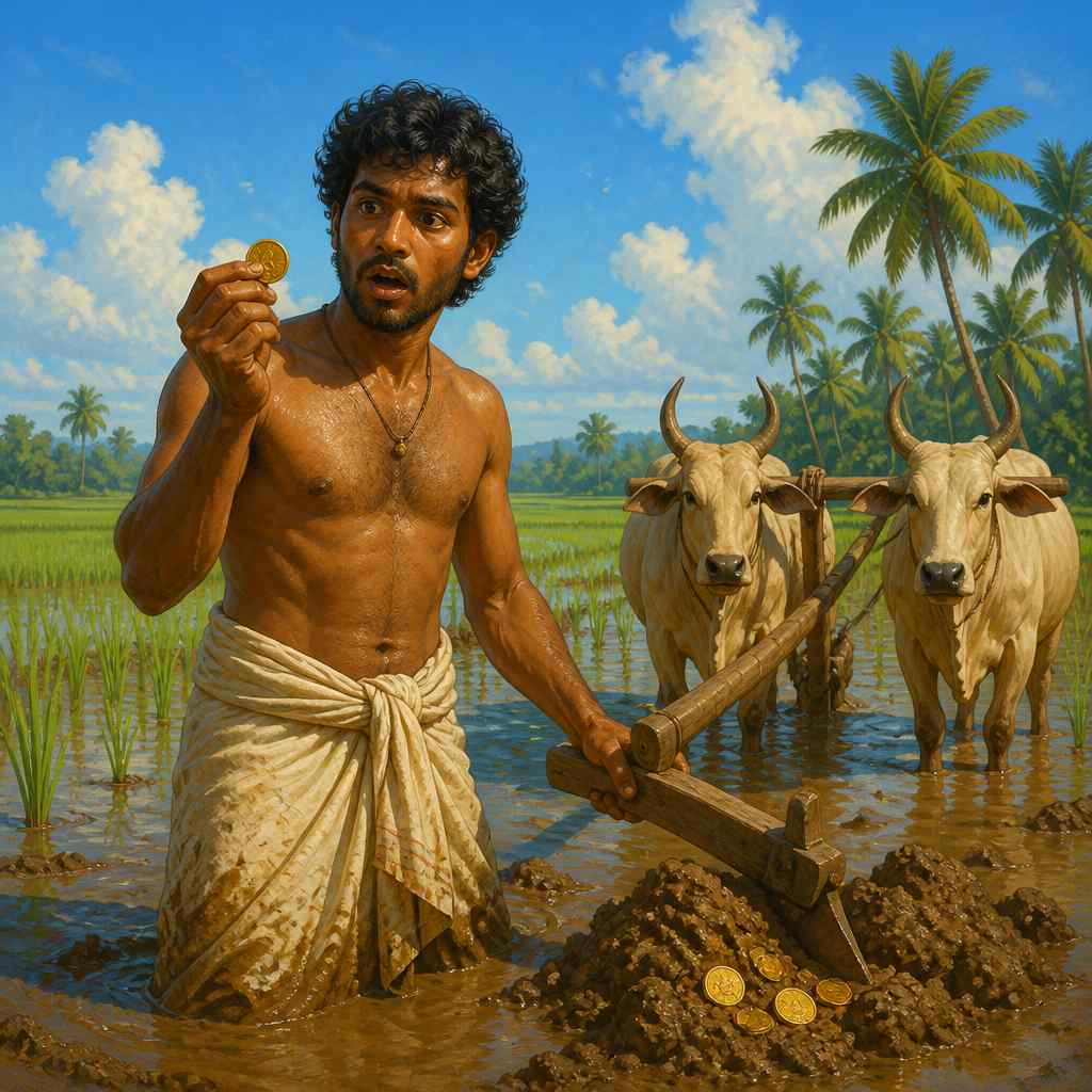 Tamil farmer holding a Roman gold aureus over his Vellalur plough furrow