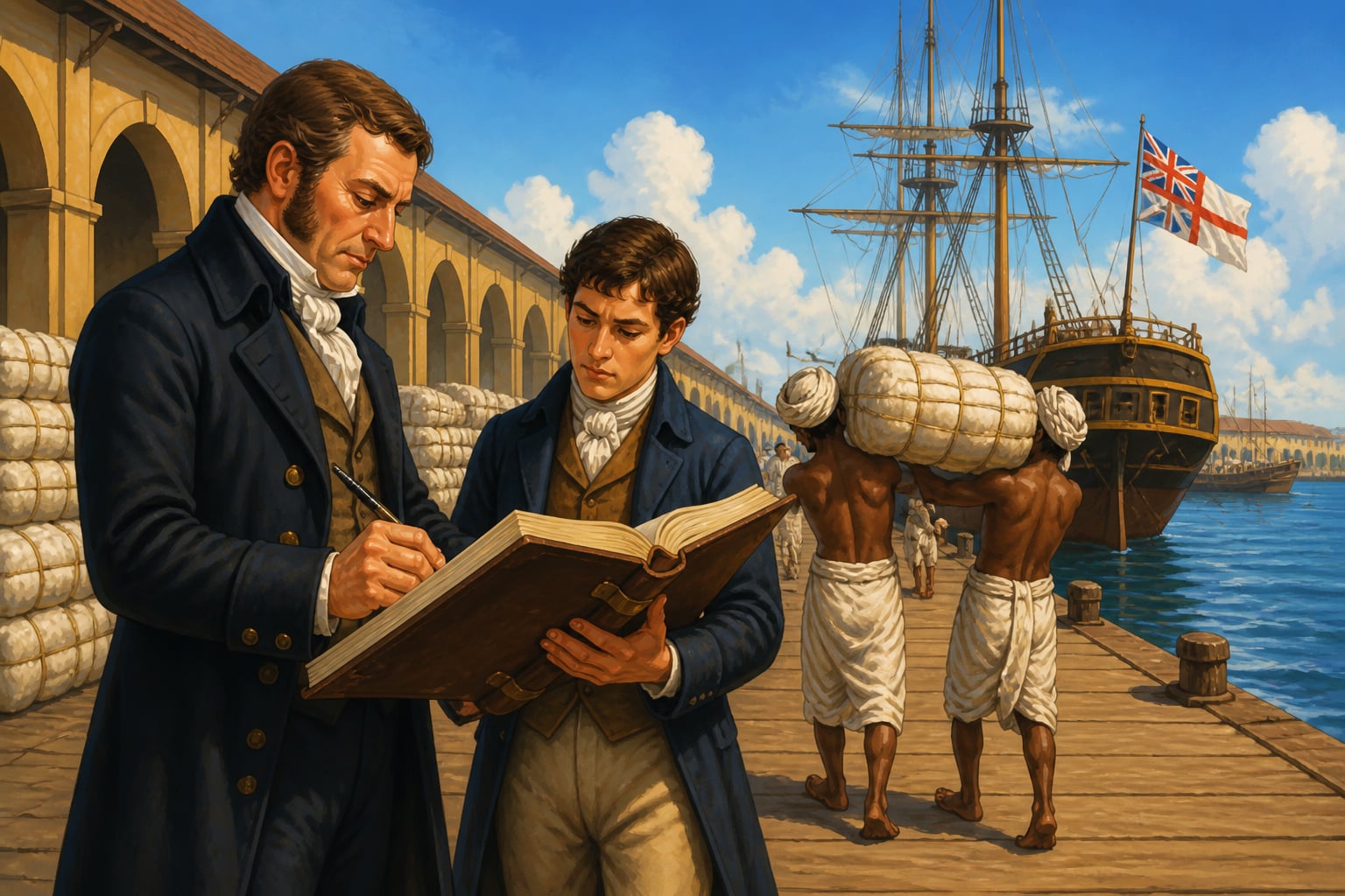 British East India Company factor inventorying raw cotton bales at a Madras quay