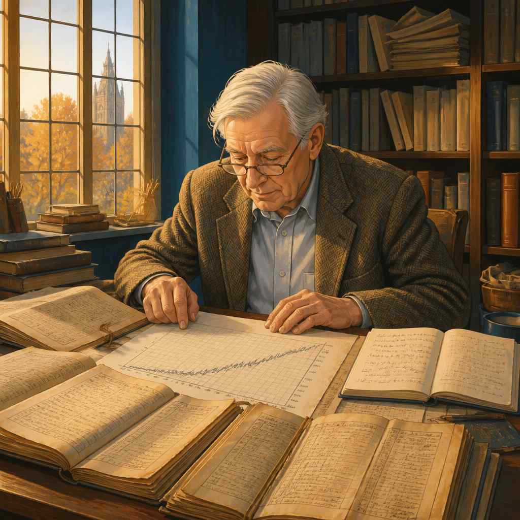 Angus Maddison studying long-run GDP data in his Groningen office