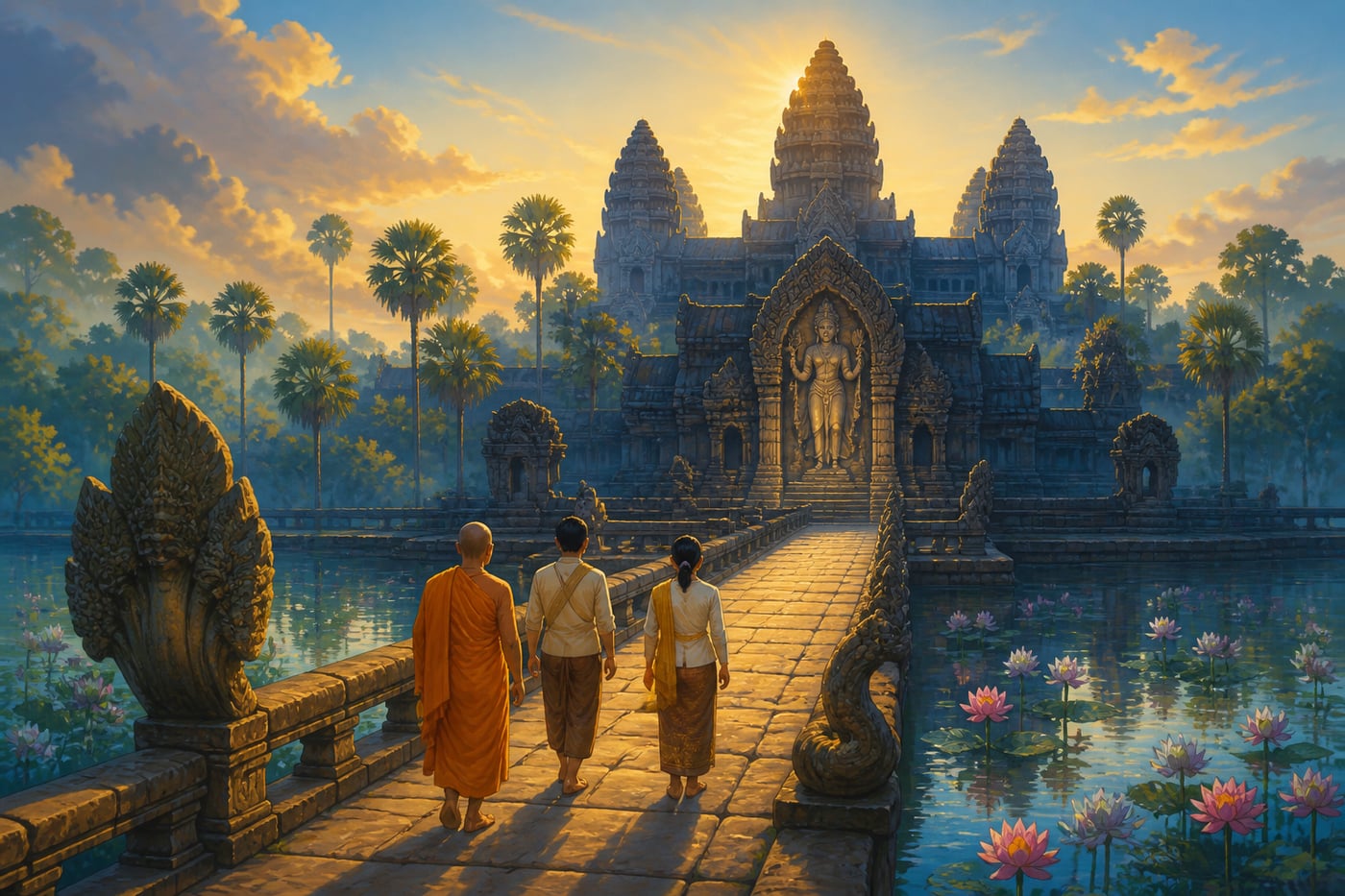 Angkor Wat in Cambodia at dawn with monk crossing the causeway