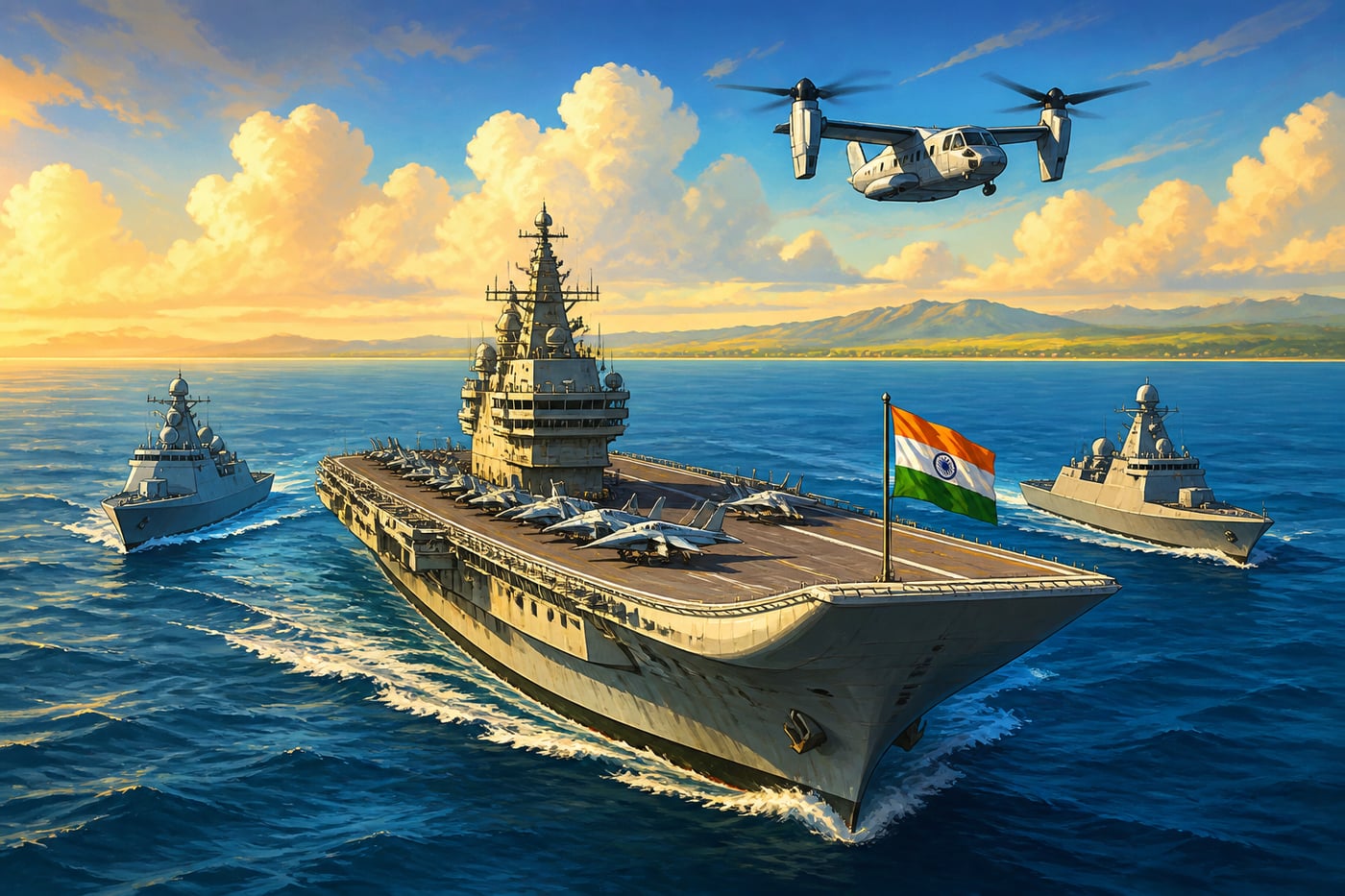 INS Vikrant steaming in formation with frigates and patrol aircraft