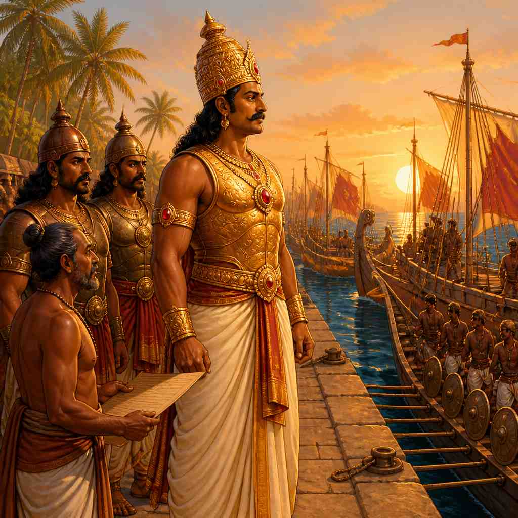 Rajendra Chola I reviewing his naval fleet at Nagapattinam port at sunrise