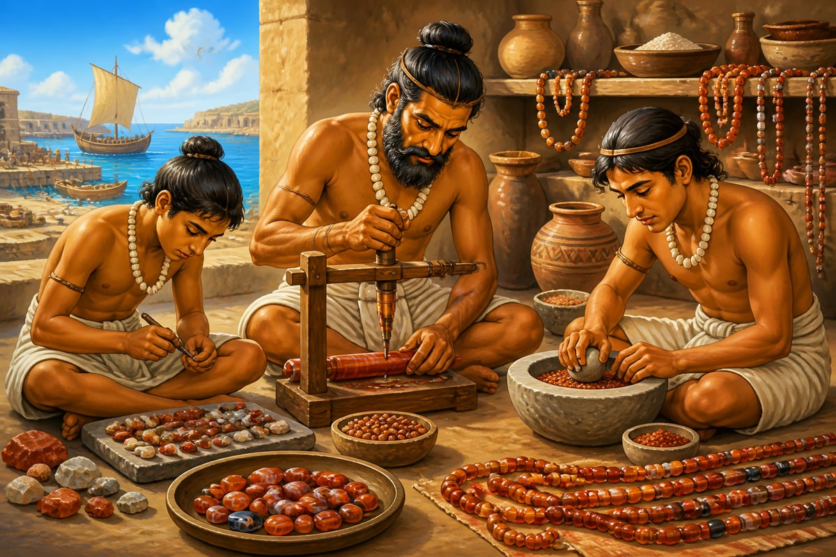 Harappan craftsmen drilling carnelian beads at Lothal workshop