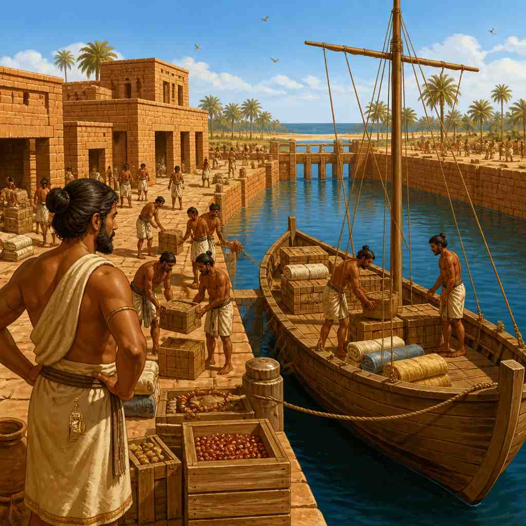 Harappan dockworkers loading carnelian beads at Lothal's basin