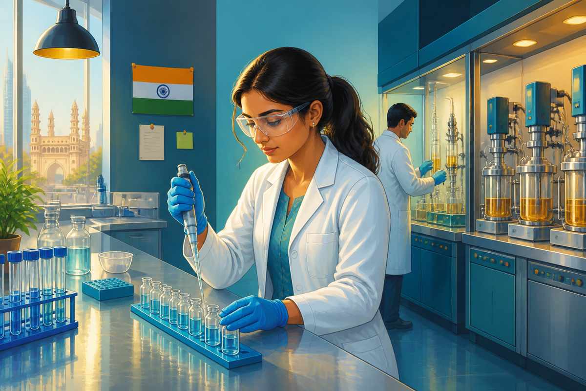 Hyderabad scientist pipetting a sample in a generic-pharmaceutical lab