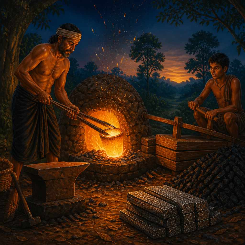 Karnataka wootz smith lifting a glowing crucible from his furnace at twilight