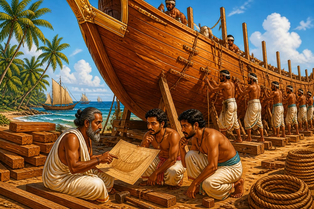 Malabar shipwright reviewing the half-built hull of a teak ocean-going vessel