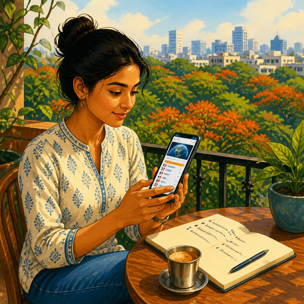 Bengaluru professional reading 2026 GDP-ranking news on her phone