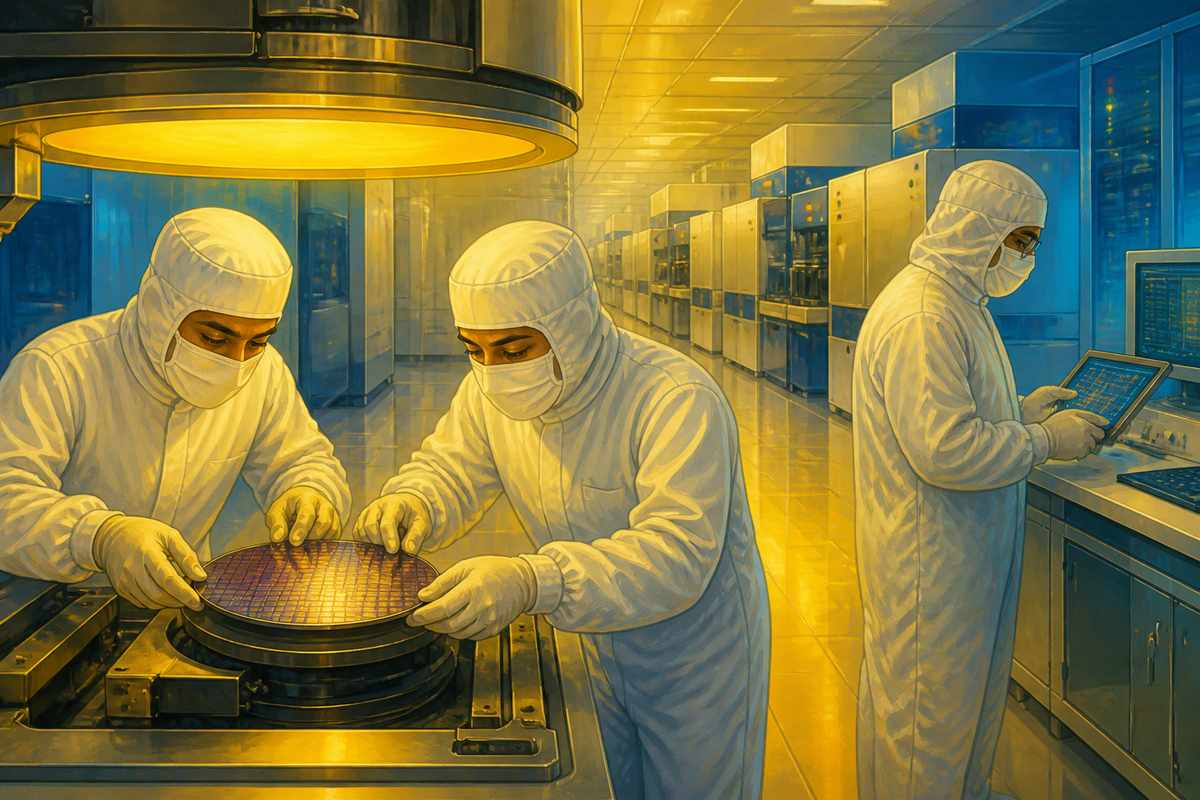 Technicians aligning a silicon wafer on a PLI semiconductor lithography stage