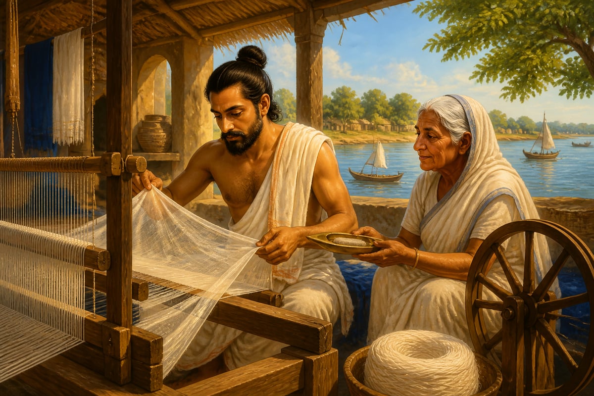 Bengali weaver drawing legendary muslin from his pit loom