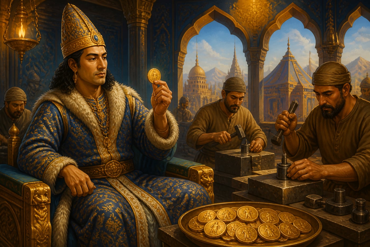 Kanishka inspecting syncretic Kushan coins at the mint