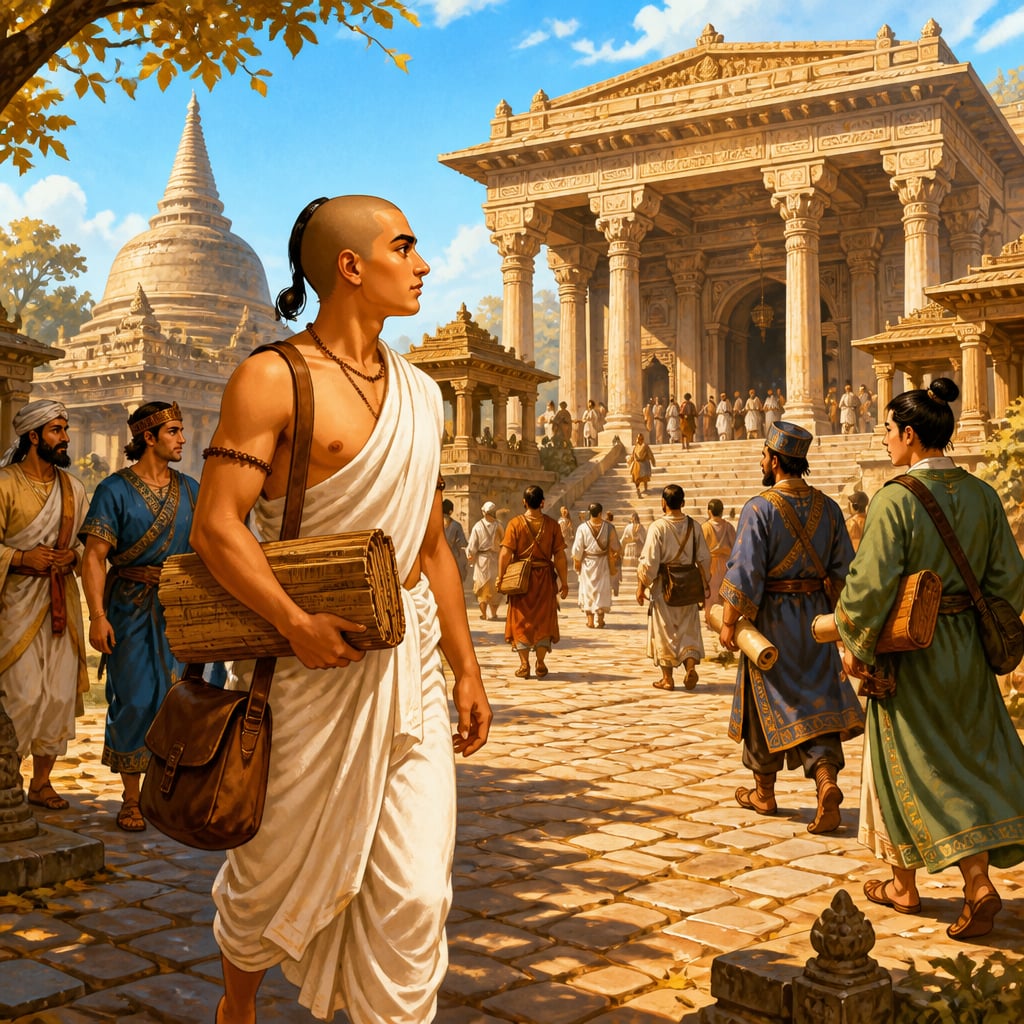 Young Chanakya walking through ancient Takshashila