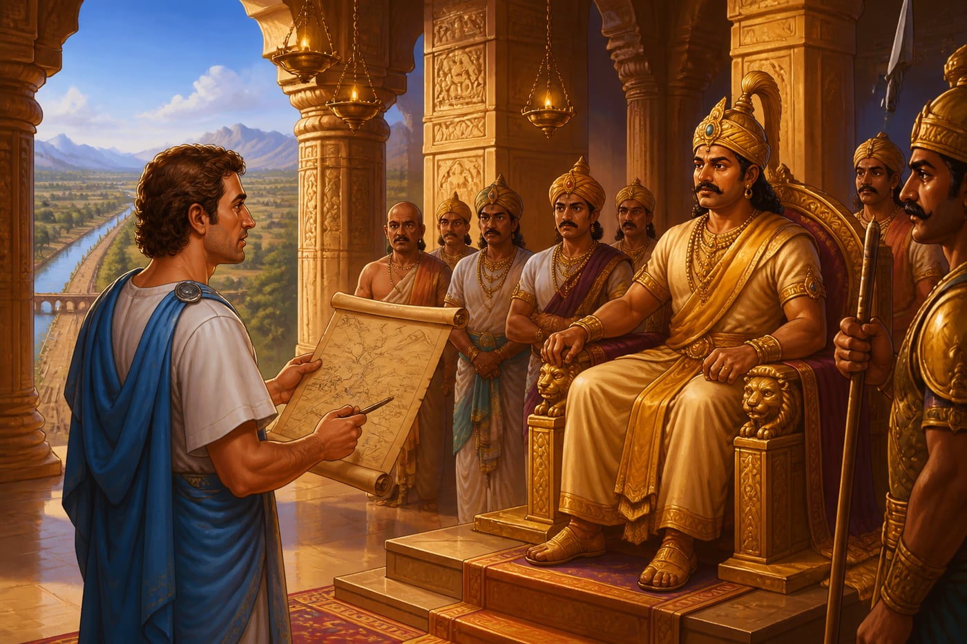 Megasthenes describing Mauryan road infrastructure at court
