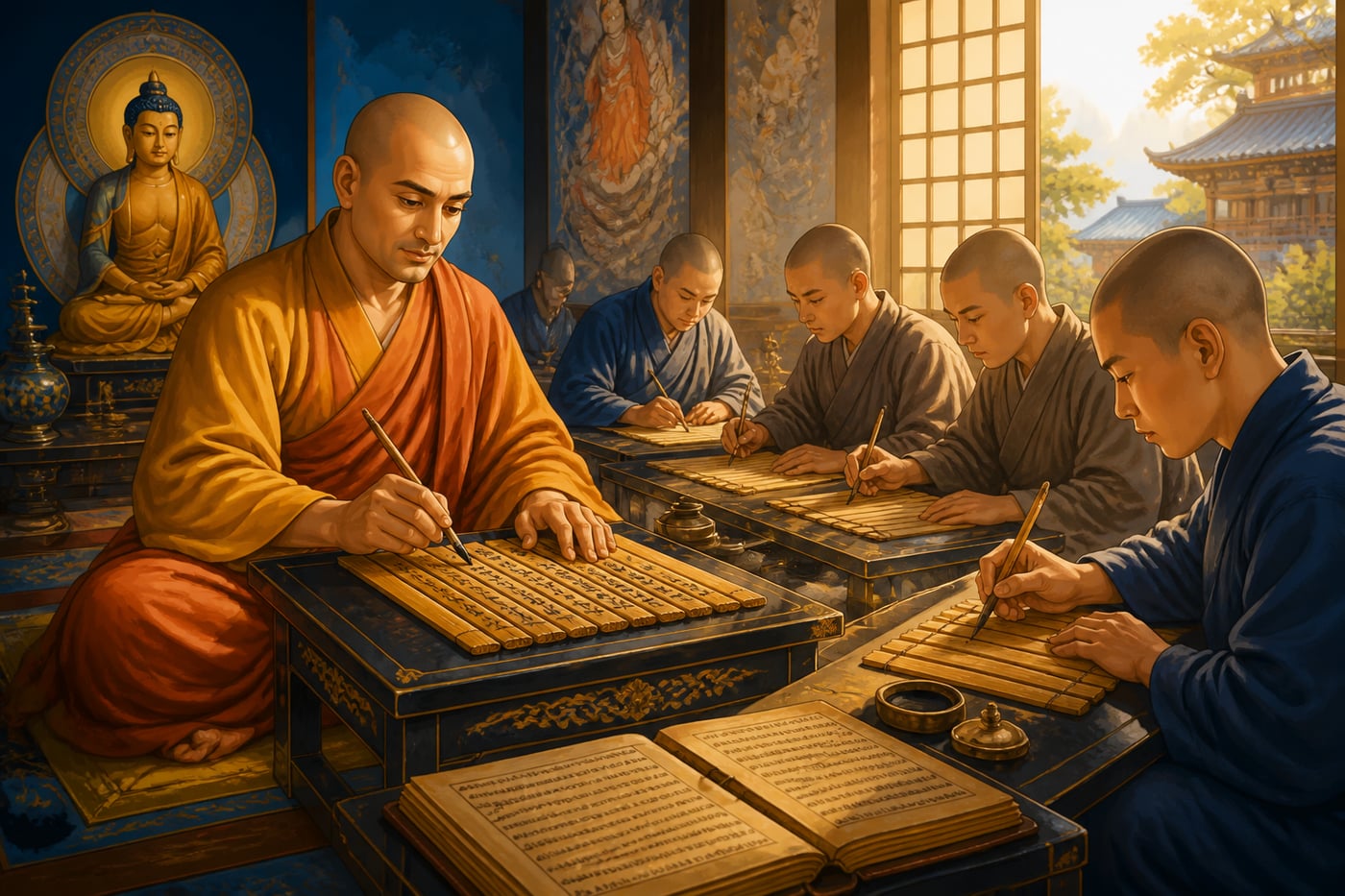 Kumarajiva translating Sanskrit sutras in Chang'an