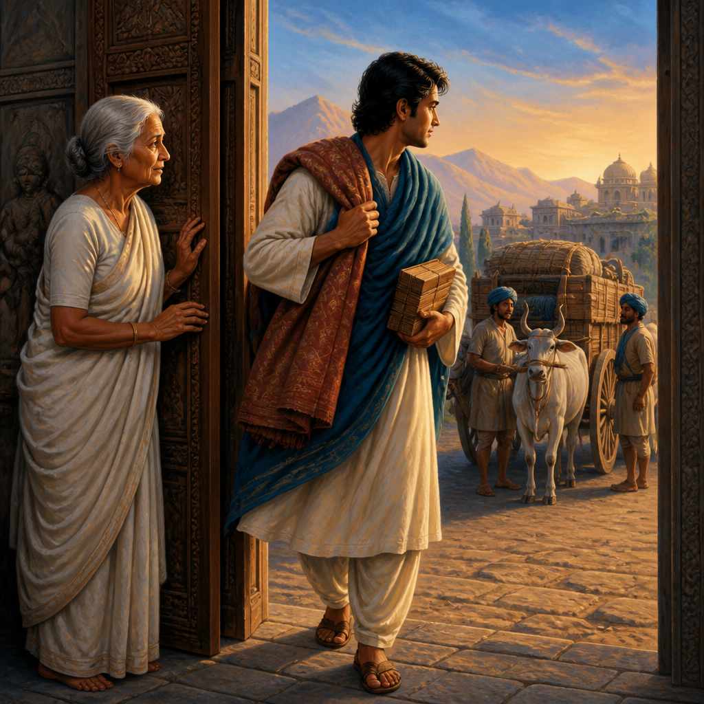Lokaksema leaving Purushapura for China with scriptures