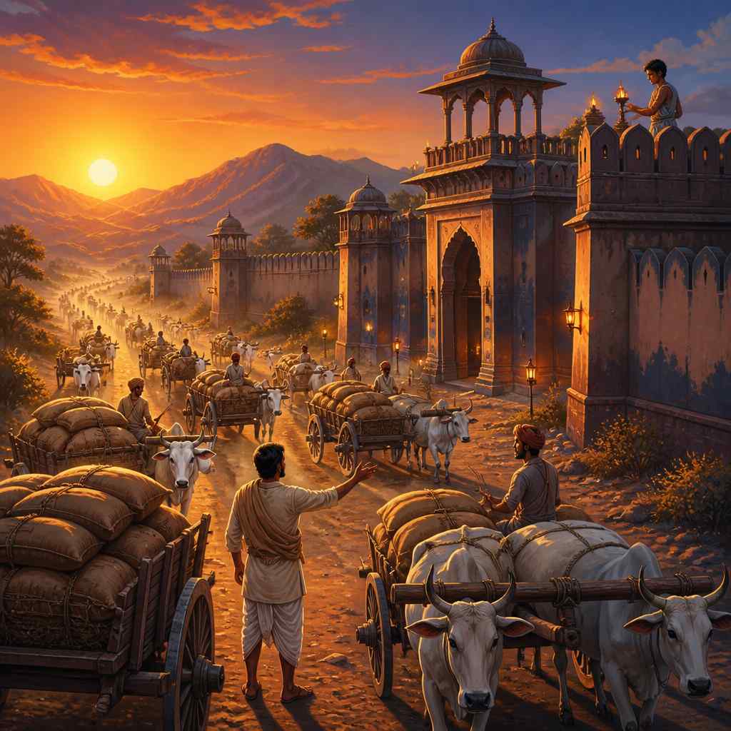 Caravan of bullock carts arriving at the Mathura saraya at sunset