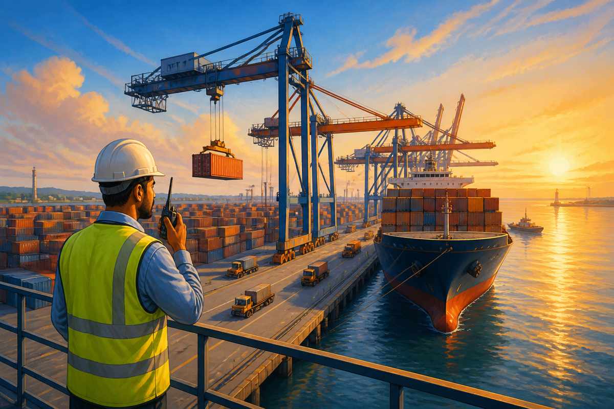 Indian deep-water port loading European-bound containers