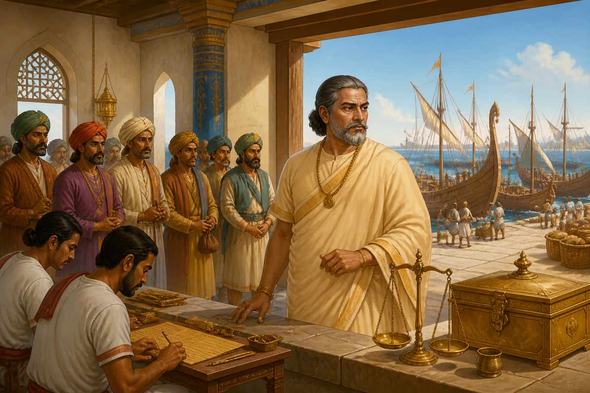 A Chola Nava-adhyaksha overseeing port operations
