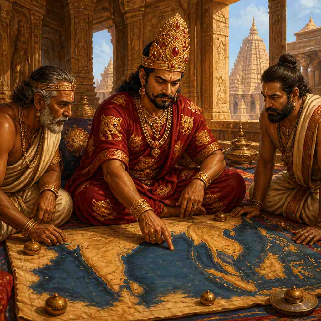 Rajendra Chola studying maps of the Malacca Straits