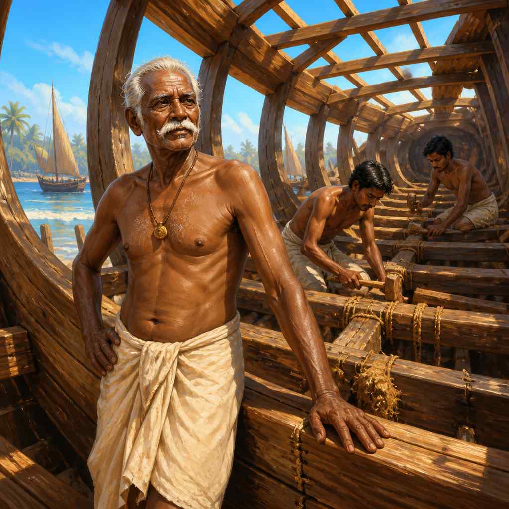 Master shipwright Karunakaran inside a warship hull
