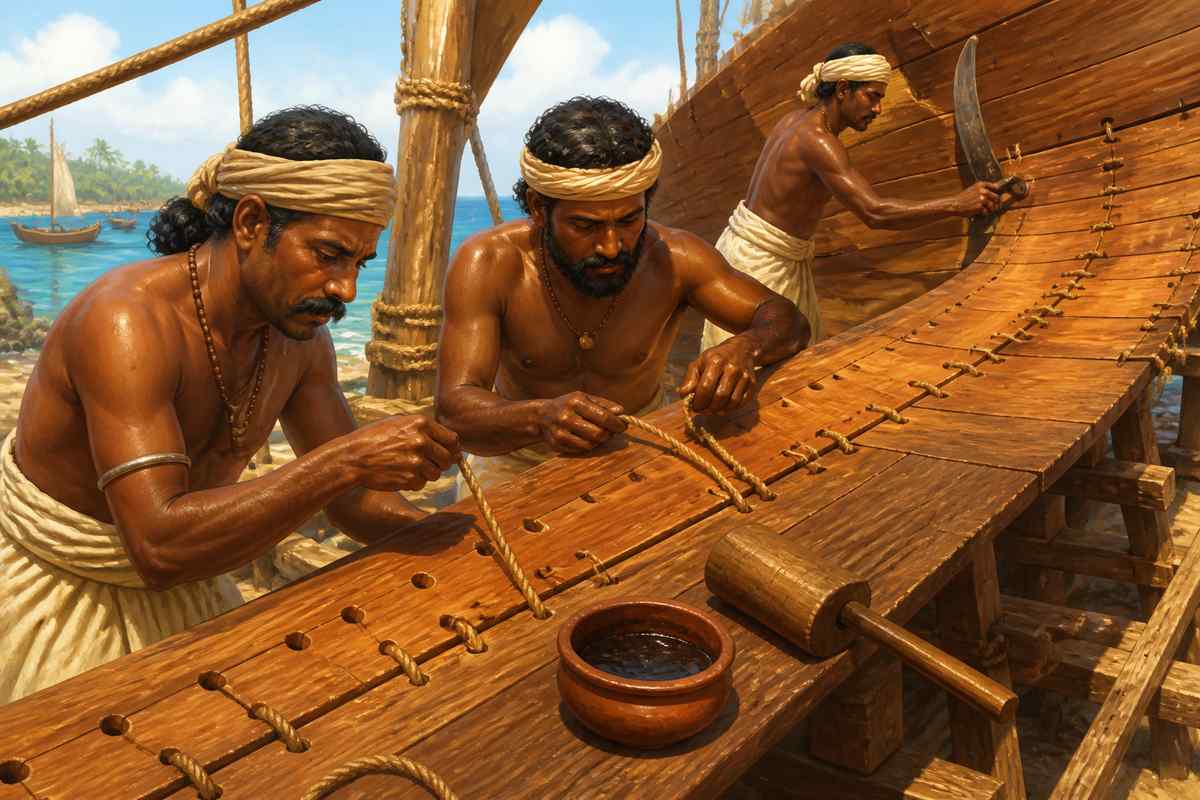Indian shipwrights using sewn-plank technique on a hull