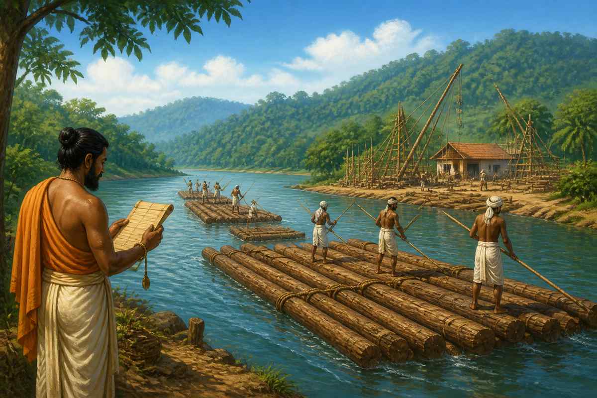 Teak rafts drifting down the Kaveri to shipyards