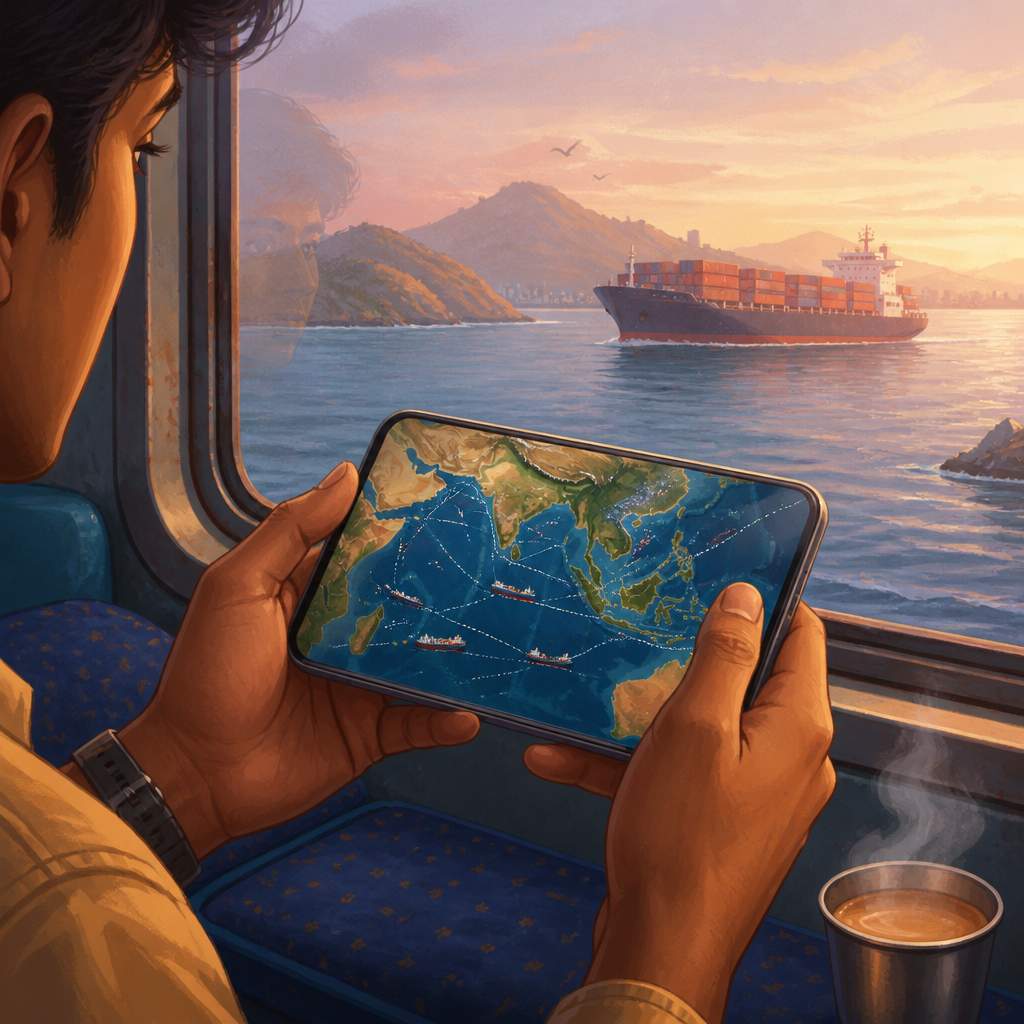 A commuter holding a phone showing global shipping routes