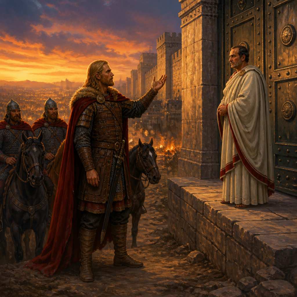 Alaric the Visigoth demanding pepper tribute at the gates of Rome