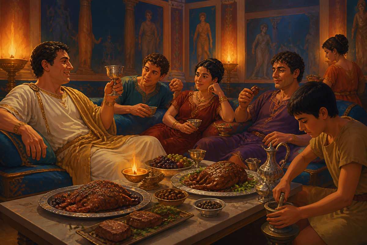 A Roman household banquet enjoying peppered dishes