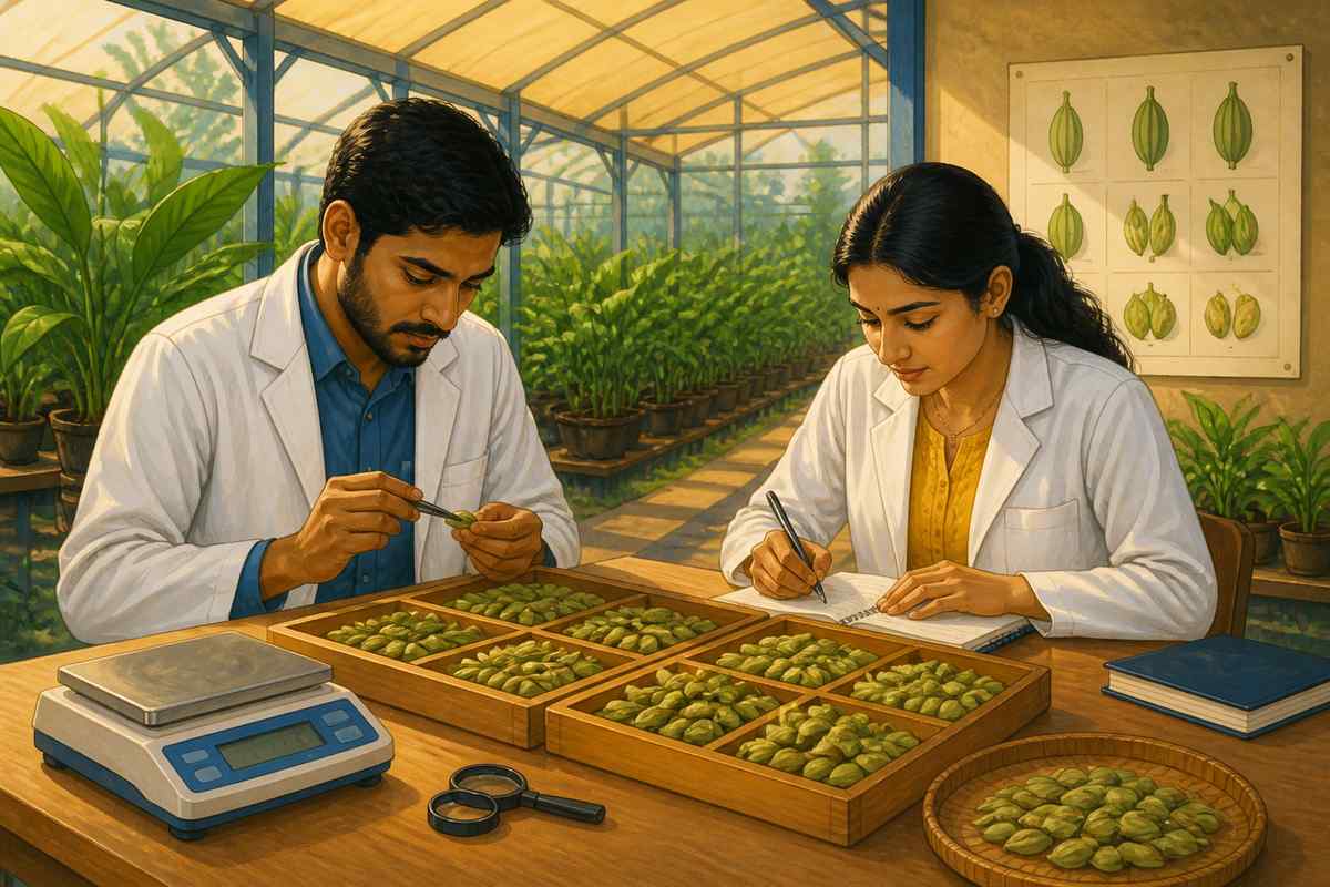 Scientists at the Idukki Cardamom Research Station examining pods