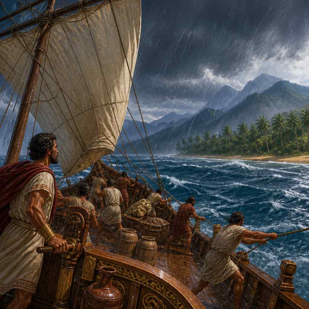 A Roman merchant ship approaching Kerala in heavy monsoon rain
