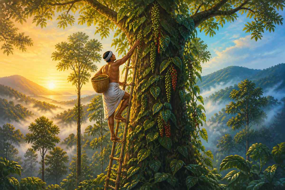 A Kerala farmer harvesting wild pepper from a Western Ghats forest tree