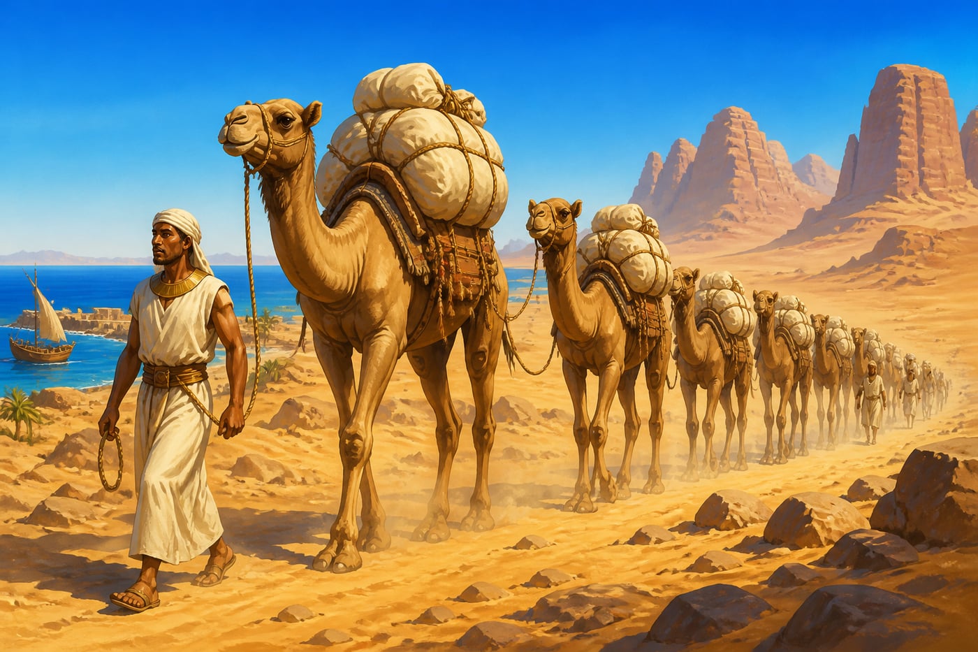 A camel caravan carrying pepper across the Egyptian desert