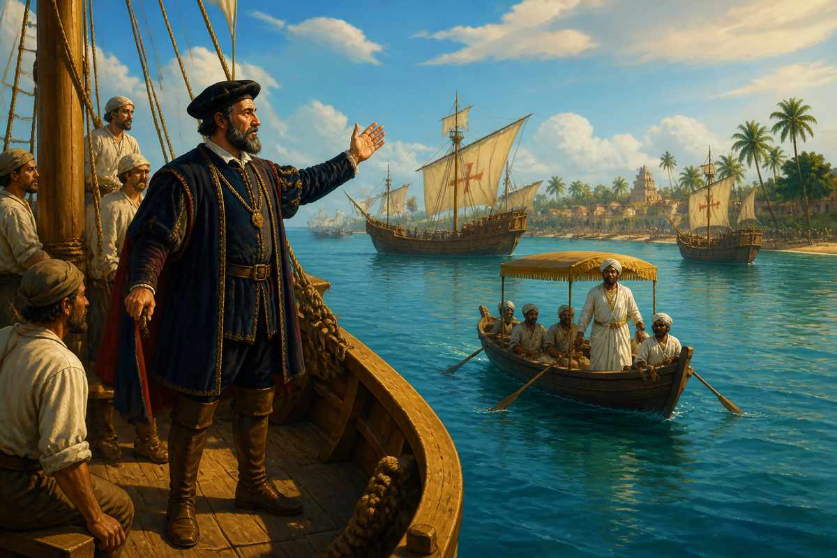 Vasco da Gama anchored at Calicut harbor in 1498