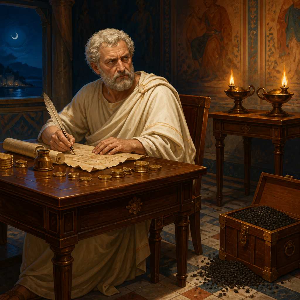 Pliny the Elder writing in his Roman study at midnight