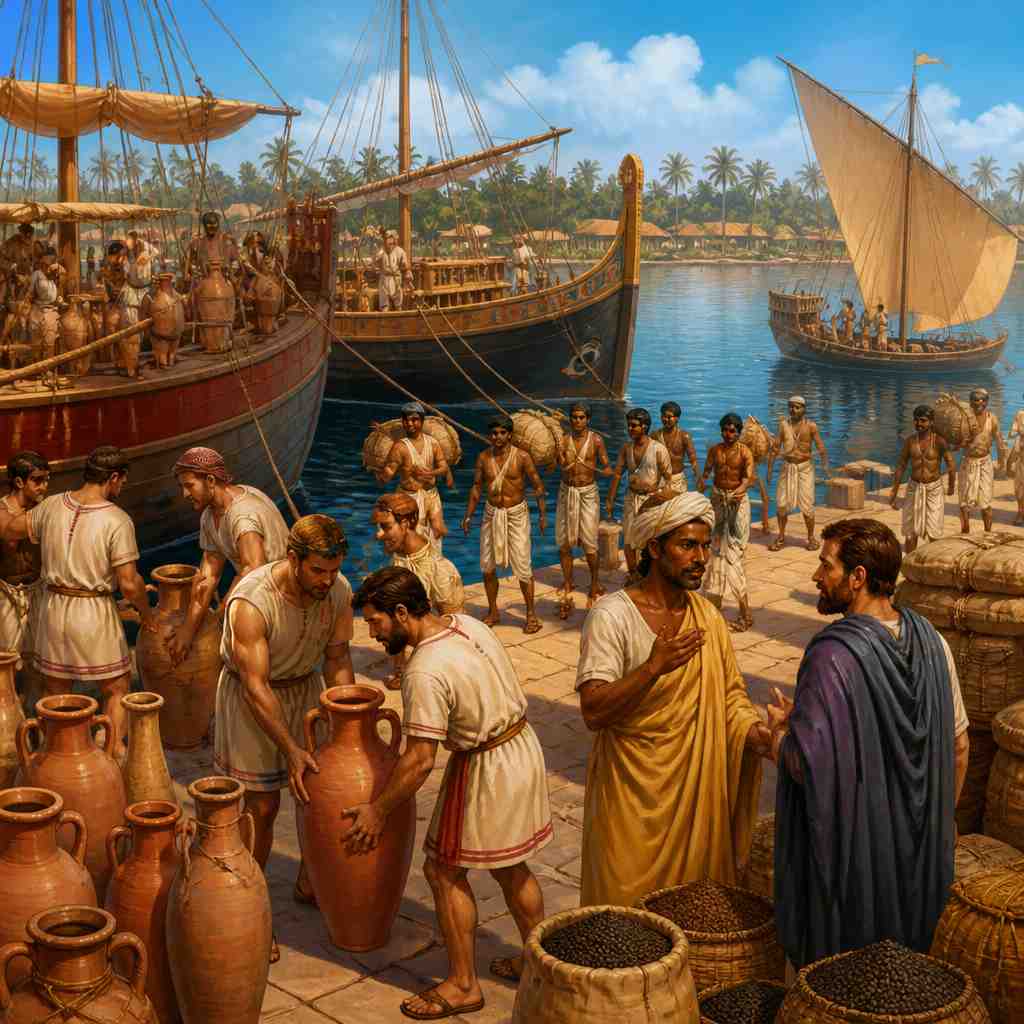 The bustling Muziris port with Roman and Tamil ships at the quayside