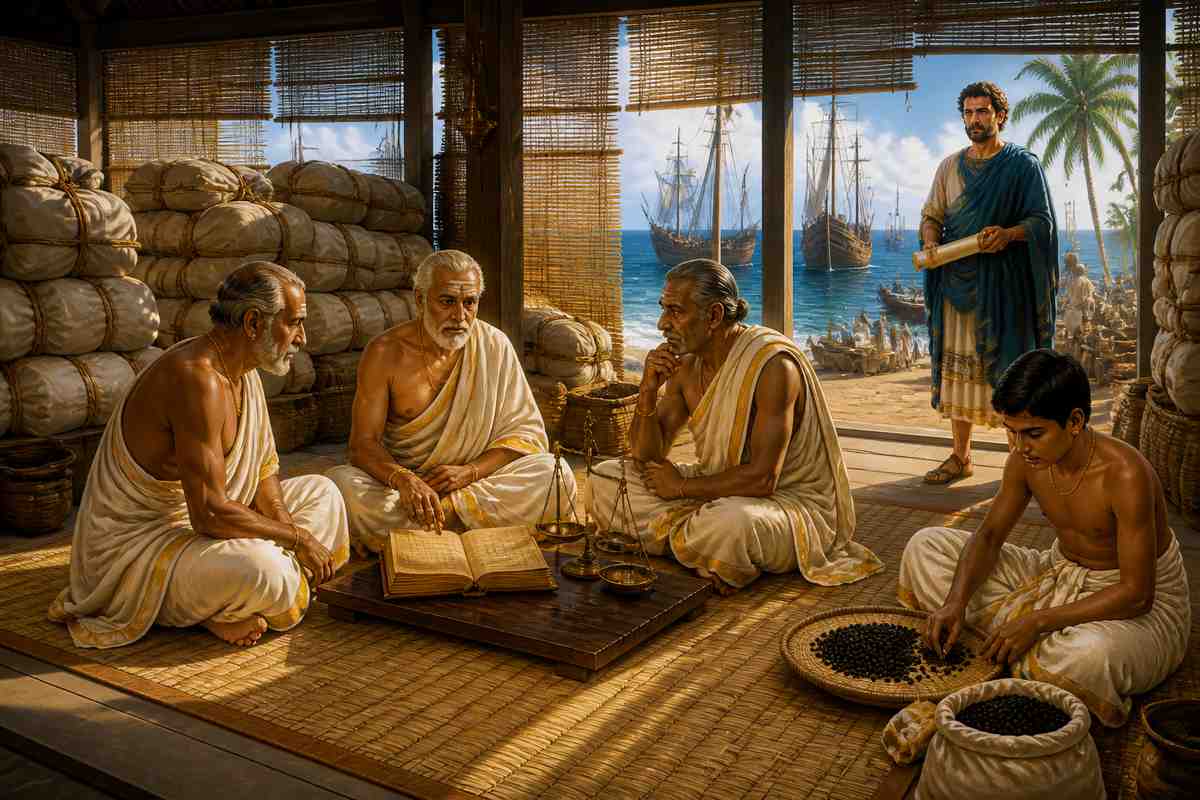 Tamil nagarattar merchants grading pepper in a Muziris warehouse