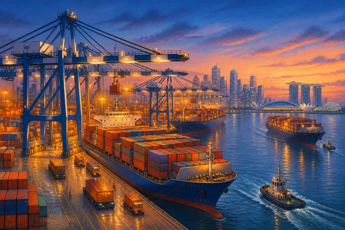 The modern Singapore container port at dusk