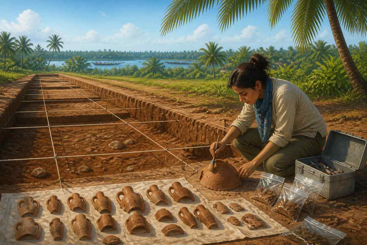 An archaeological trench at Pattanam with Roman amphora fragments