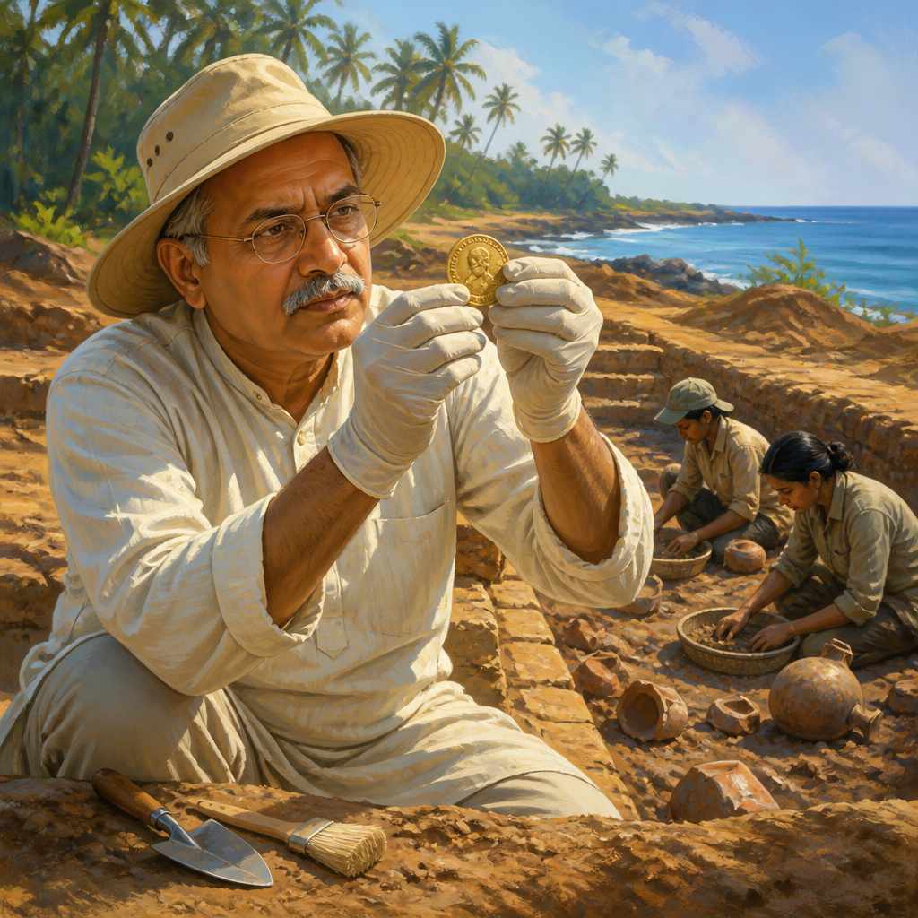 Dr P J Cherian examining a Roman coin at the Pattanam excavation